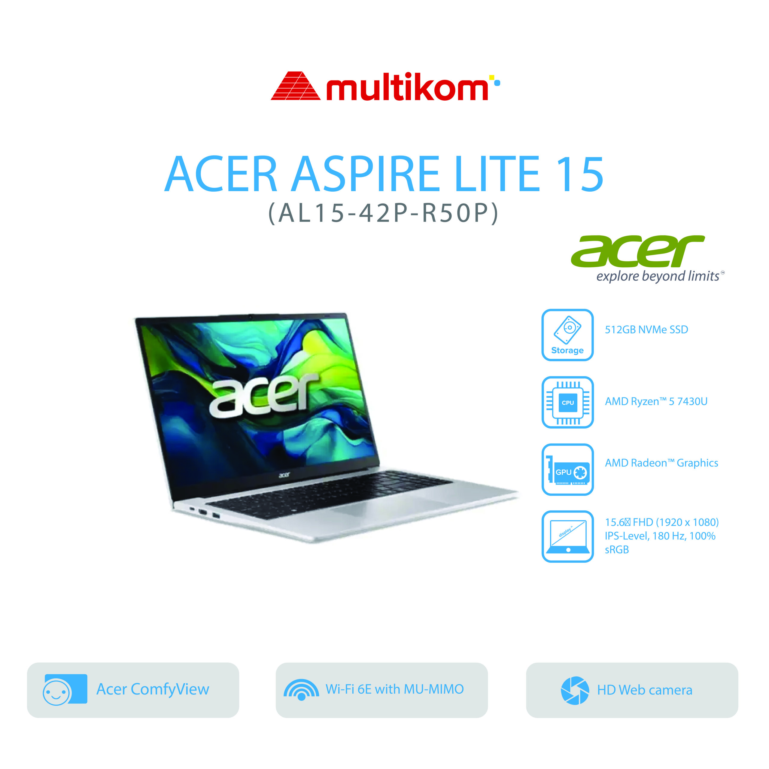 ACER ASPIRE LITE 15 AL15 42P R50P Ryzen 5 7430U 8GB SSD 512GB 15.6″FHD W11+Copilot+OH2024+M365