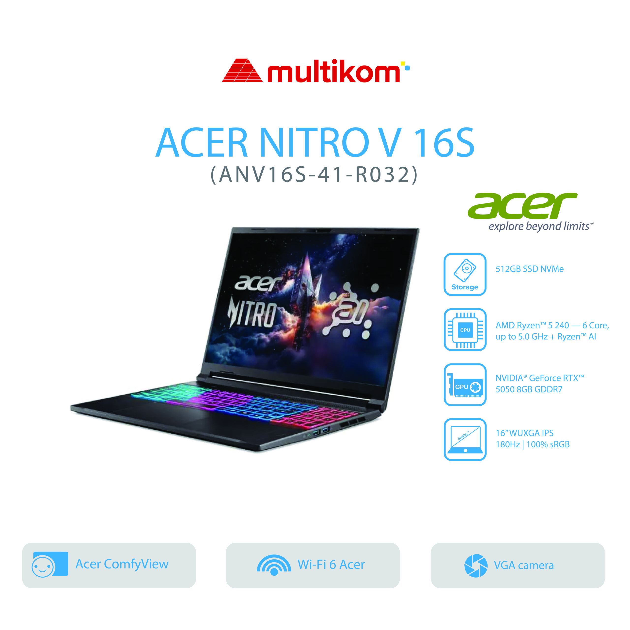 ACER NITRO ANV16S-41-R032 AMD Ryzen 5-240 16GB SSD 512GB 16″WQXGA RTX5050-8GB W11+OH2024