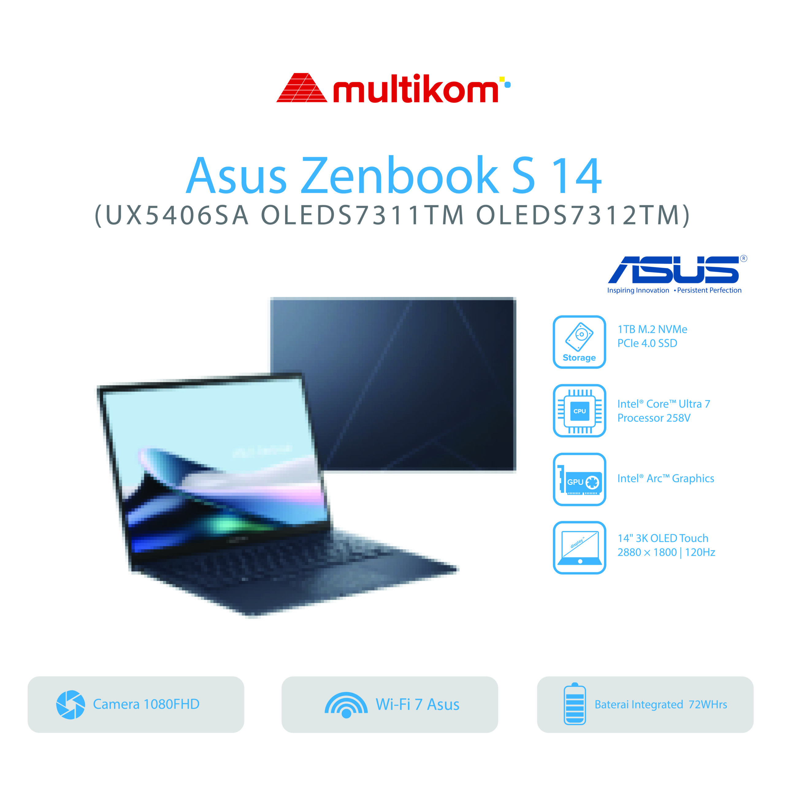 Asus Zenbook S 14 UX5406SA OLED7311TM OLED7312TM/Ultra 7 258V/32GB/1TB SSD/14″ 3K Touch/Win 11 Home OHM 2024 M365