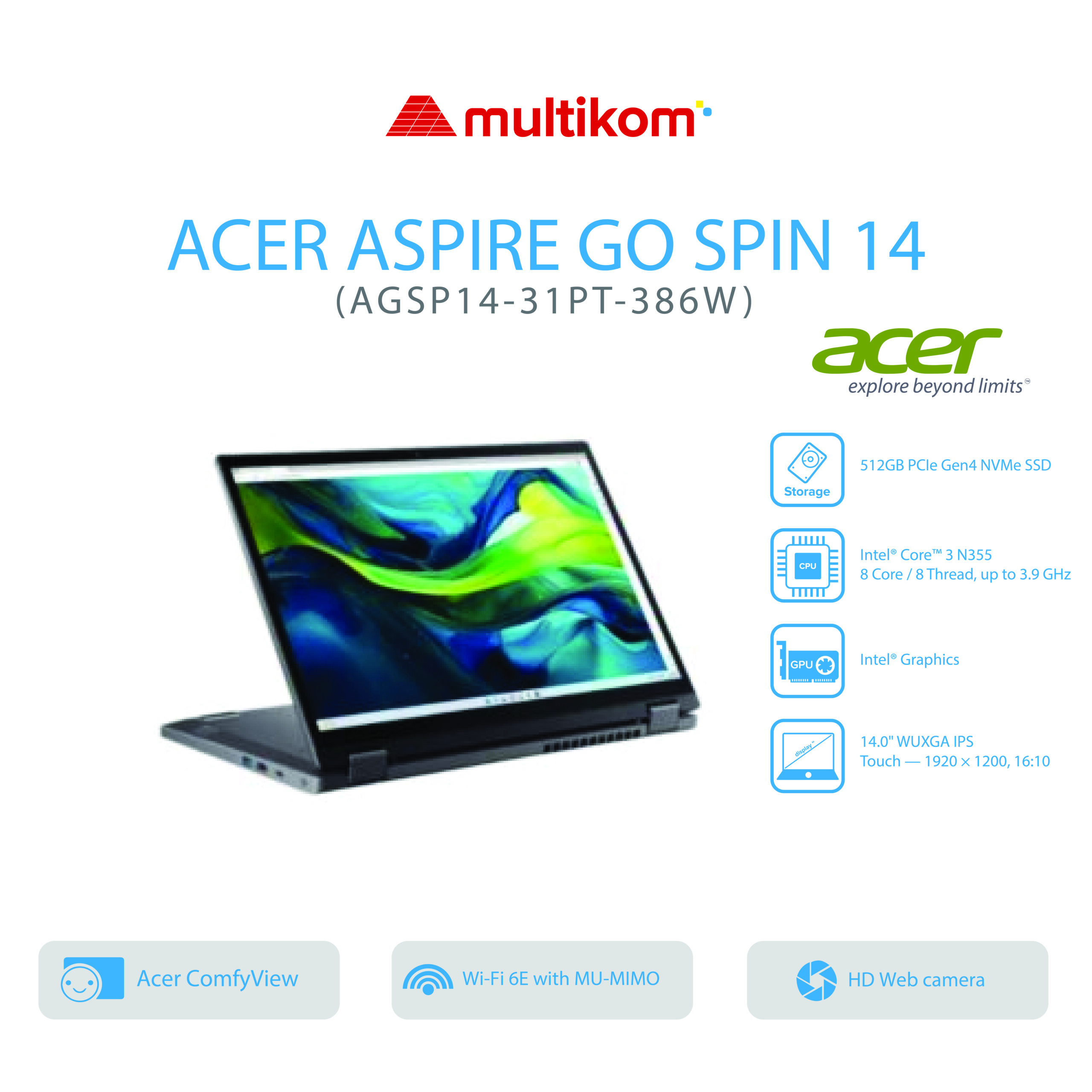 ACER ASPIRE GO SPIN AGSP14-31PT-386W Intel Core 3 N355 8GB SSD 512GB 14″WUXGA Touch W11+OH2024+M365