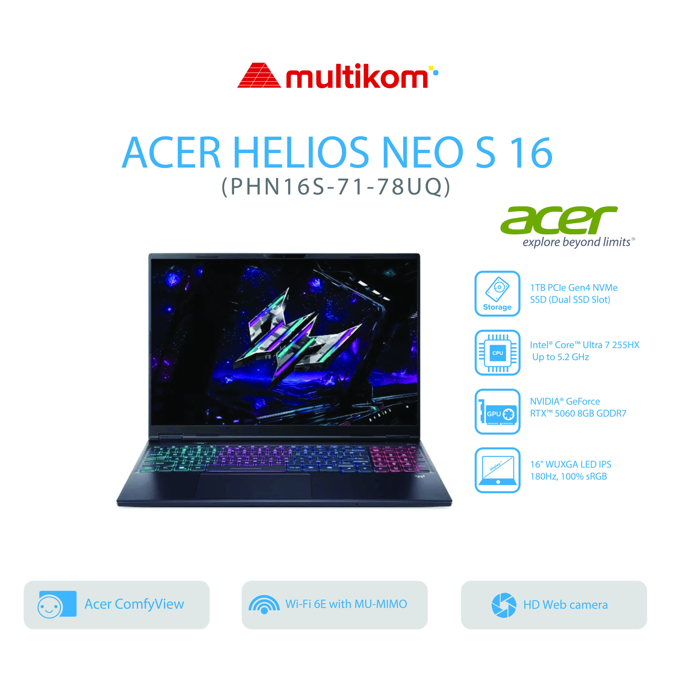 ACER HELIOS NEO S PHN16S-71-78UQ Intel Ultra 7-255HX 16GB SSD 1TB 16″WQXGA RTX5060-8GB W11+OH2024