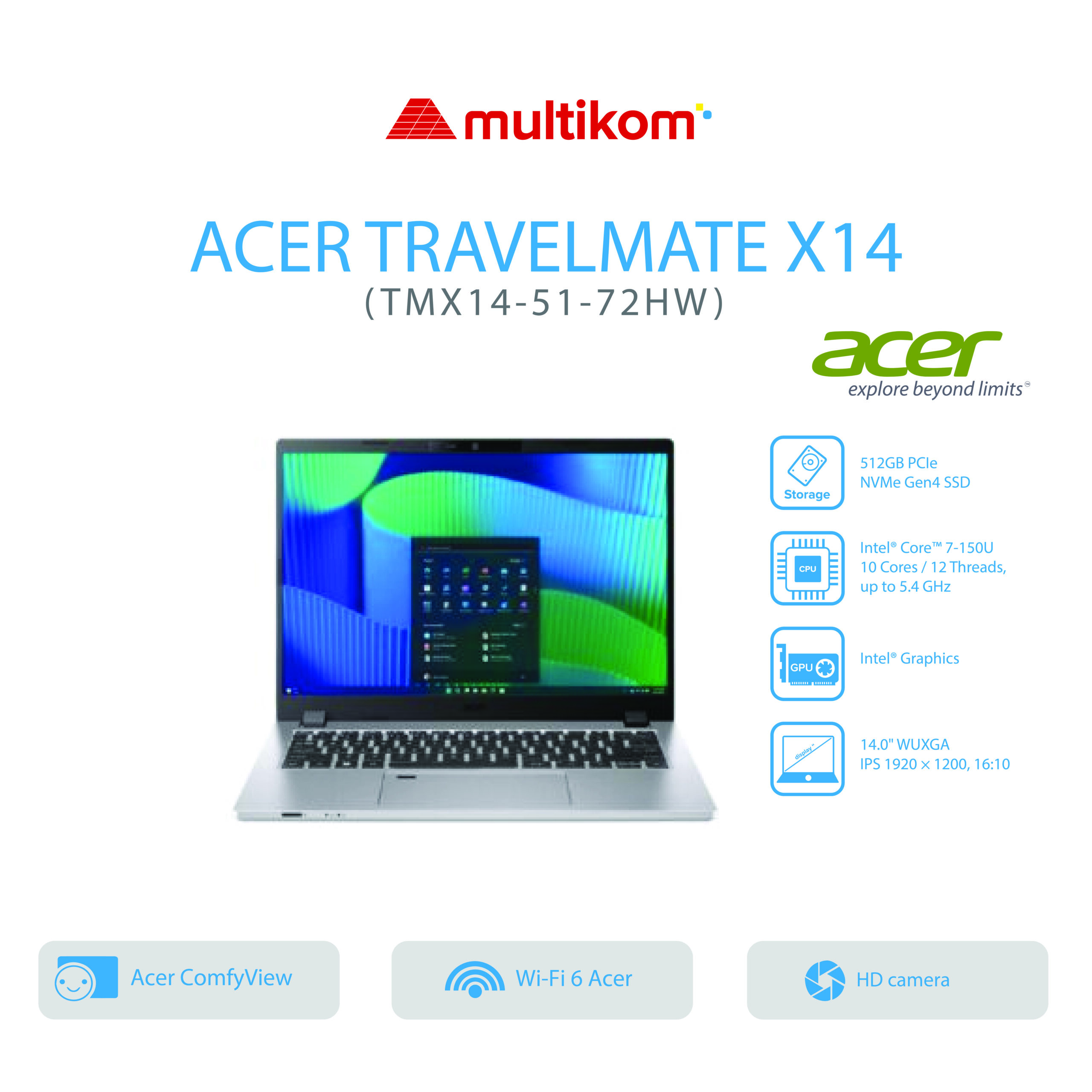 ACER TRAVELMATE TMX14-51-72HW Intel Core 7-150U 16GB DDR5 SSD 512GB NO DVD-RW 14WUXGA IPS W11+OH2024