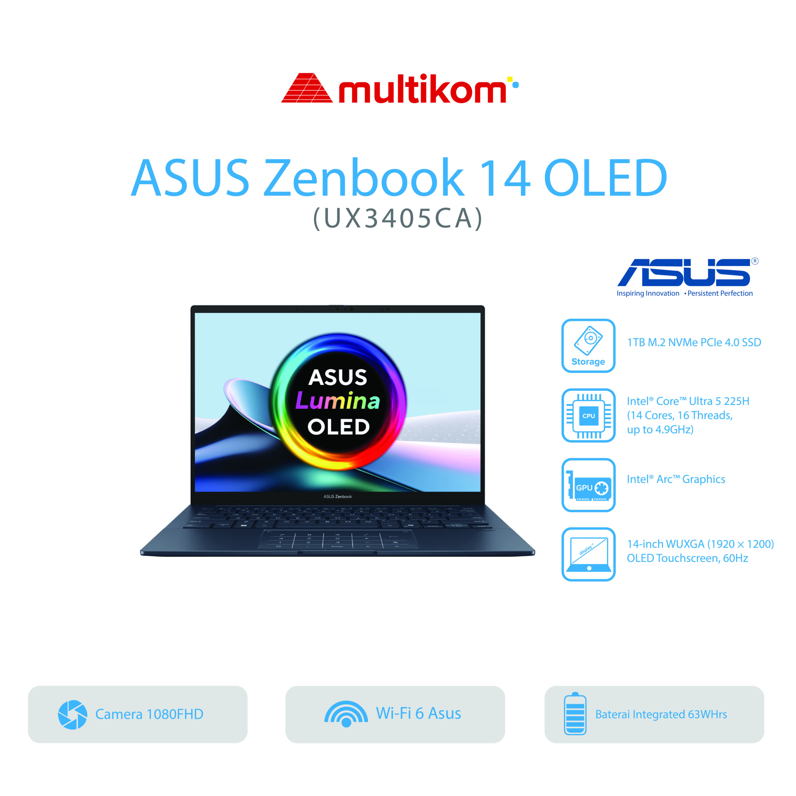 Asus Zenbook 14 OLED UX3405CA OLED5111TM OLED5112TM/Ultra 5 225H/16GB/1TB SSD/14″ Touch WUXGA/Win 11 Home OHM 2024 M365