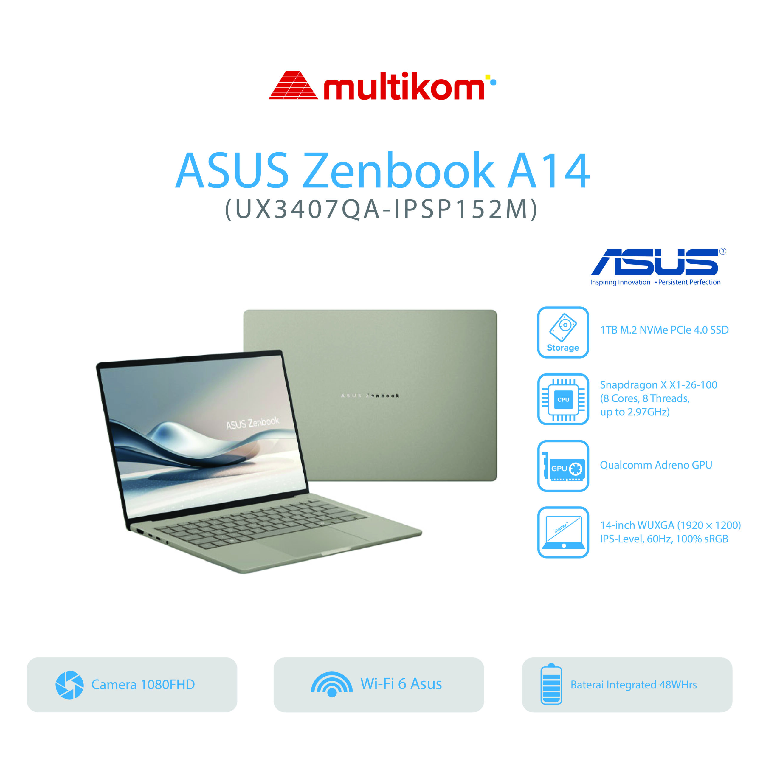 Asus Zenbook A14 UX3407QA IPSP111M IPSP112M/Snapdragon X1 26 100/16GB/1TB SSD/14″ WUXGA IPS/Win 11 Home OHM 2024