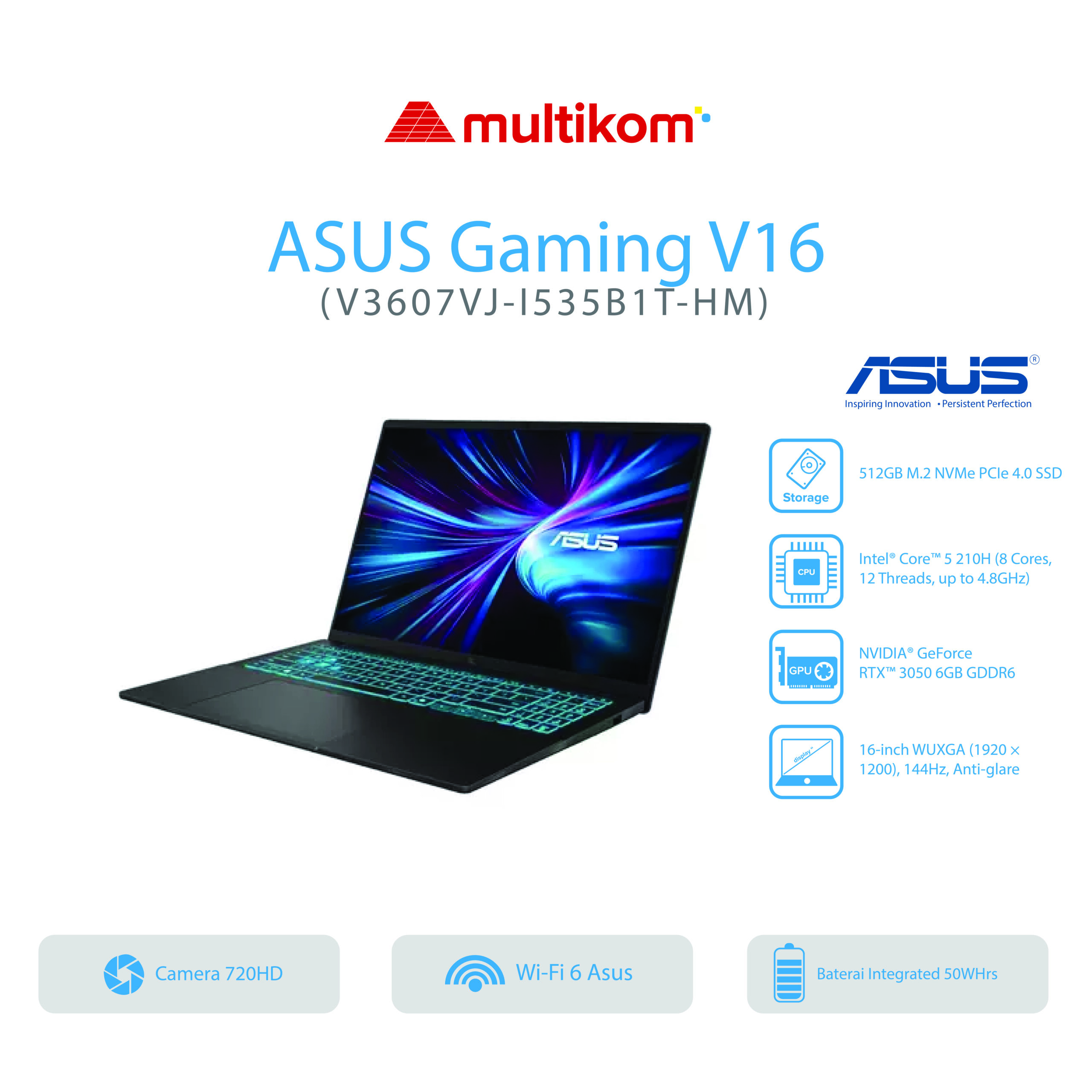 ASUS GAMING V16 V3607VJ-I535B1T-HM Intel Core 5-210H 8GB SSD 512GB 16″ RTX3050 W11+OH2024+M365