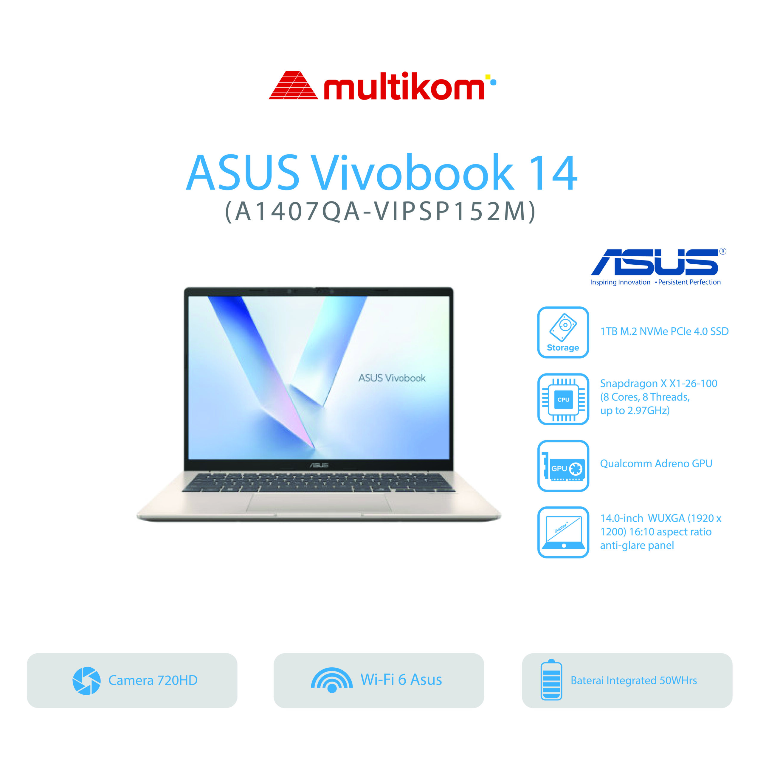 Asus Vivobook 14 A1407QA VIPSP111M VIPSP112M VIPSP113M/Snapdragon X1/16GB/1TB SSD/14″ WUXGA IPS/Win 11 Home OHM 2024