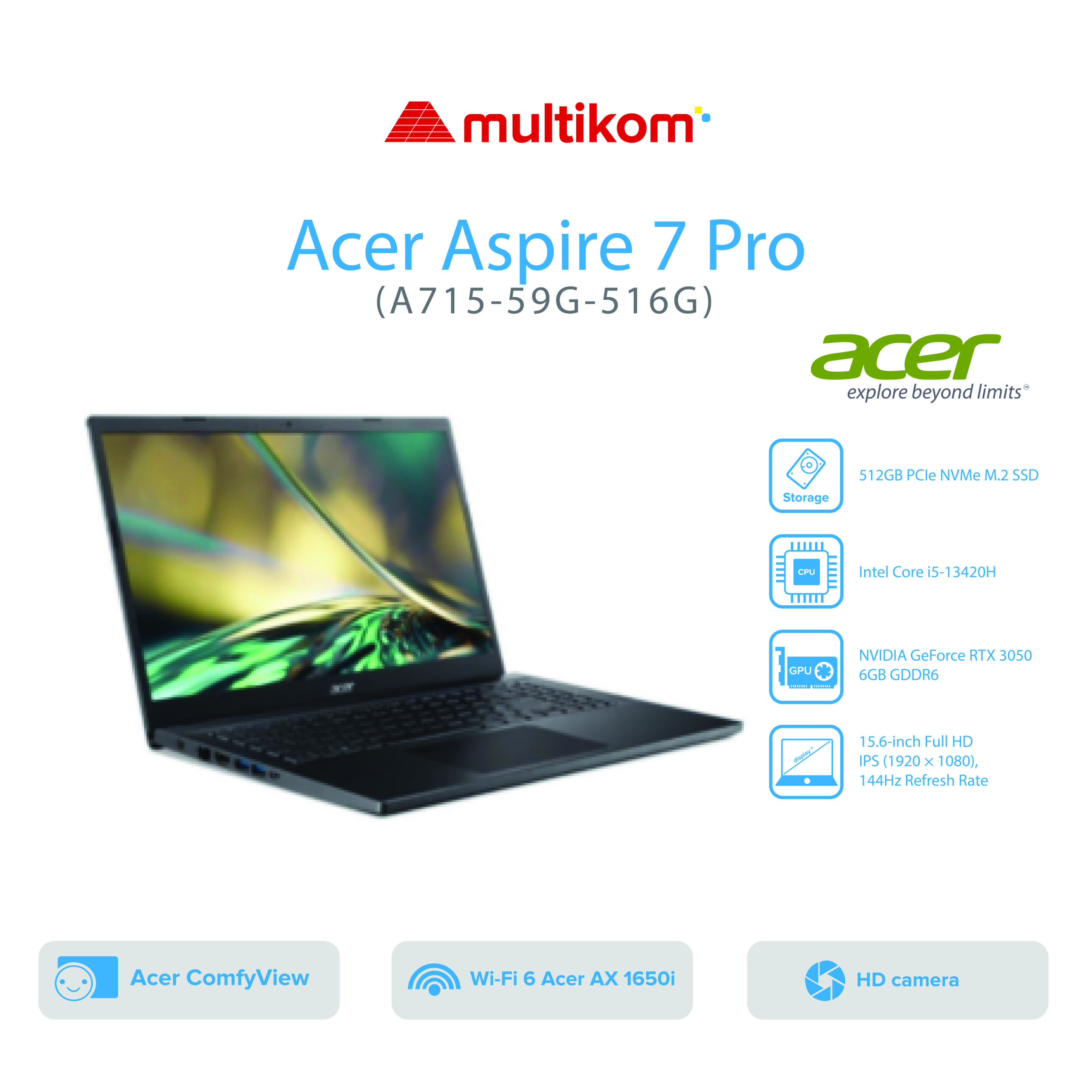 ACER ASPIRE 7 PRO A715-59G-516G Intel Core i5-13420H 16GB SSD 512GB 16″ RTX3050-6GB W11+OH2024