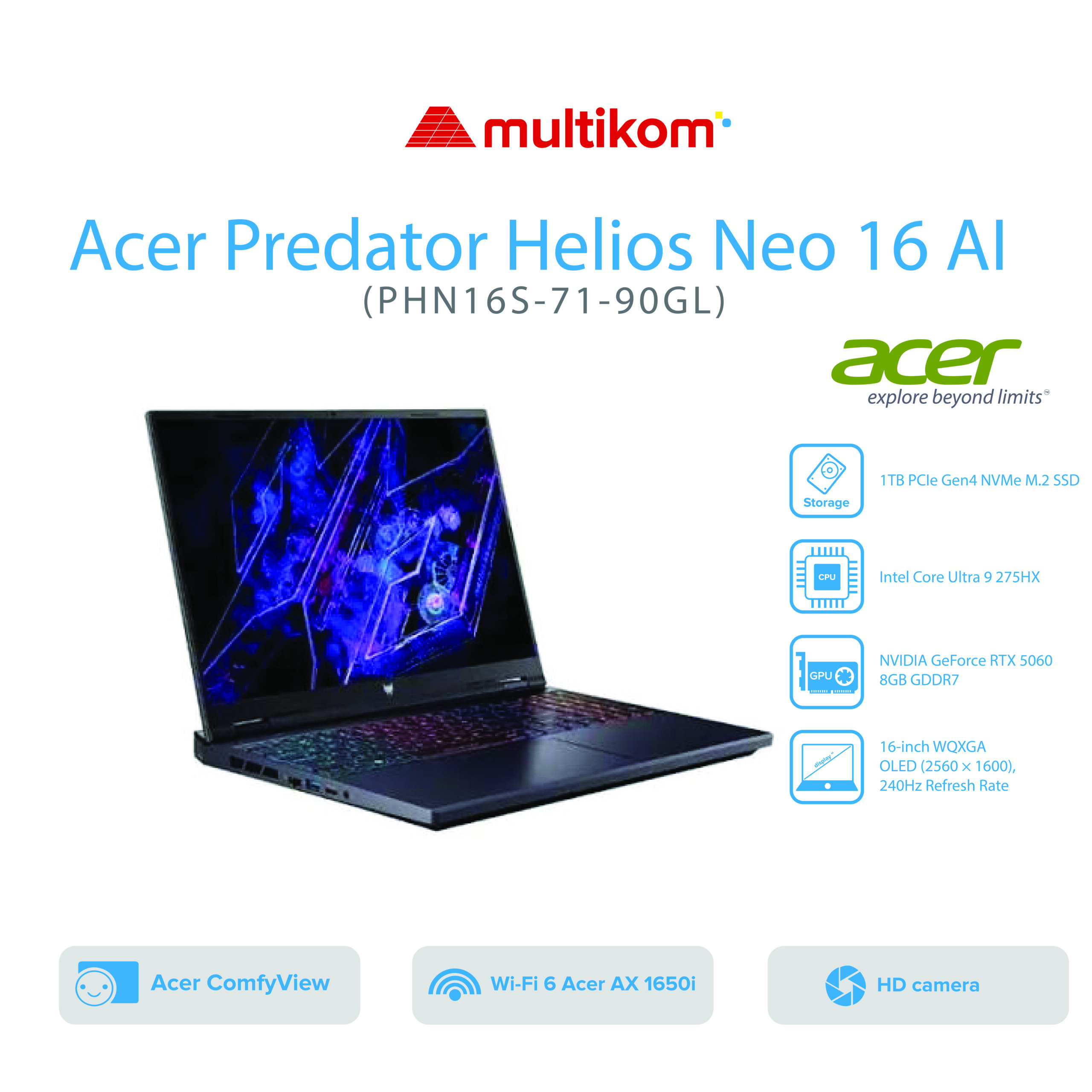 ACER PREDATOR HELIOS NEO PHN16S-71-90GL Intel Ultra 9-275HX 16GB SSD 1TB 16″WQXGA240 RTX5060-8GB W11+OH2024