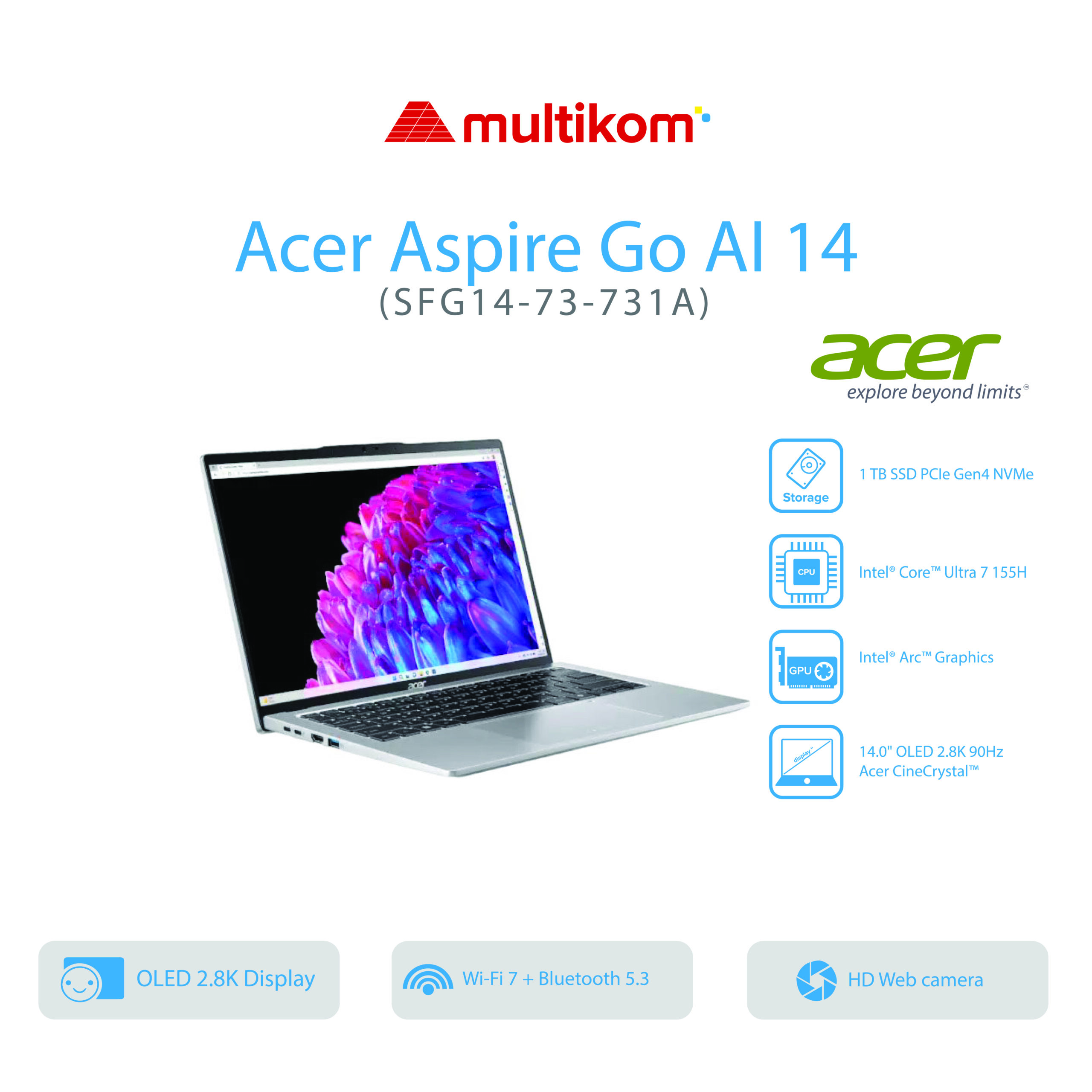ACER SWIFT GO AI SFG14-73-731A EVO Intel Core Ultra 7-155H 32 SSD 1TB 14"OLED2.8K 90Hz W11+OH2024
