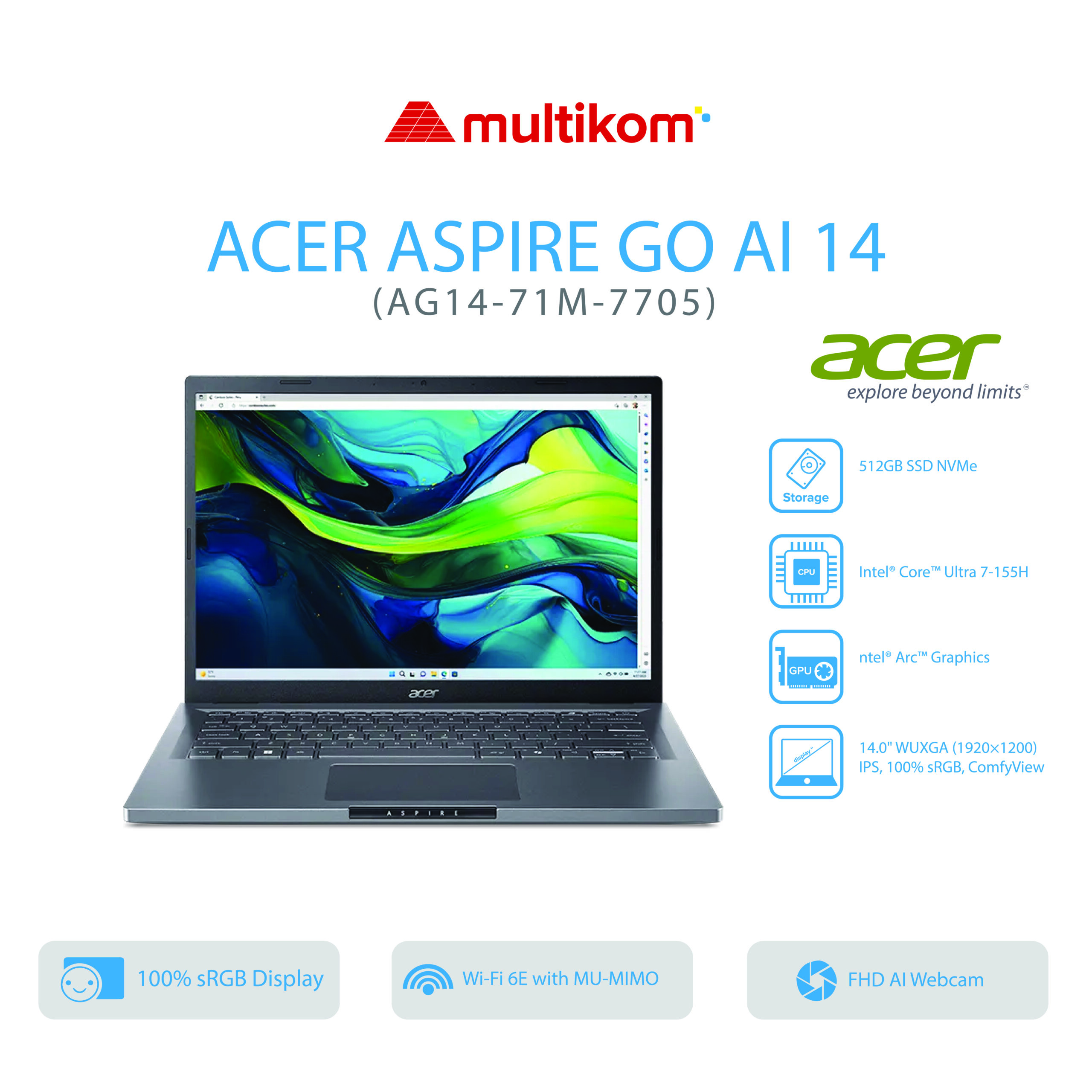 ACER ASPIRE GO 14 AI AG14-71M-7705 Intel Core™ Ultra 7-155H 16GB SSD 512GB IPS14″WUXGA W11+OH2024+M365