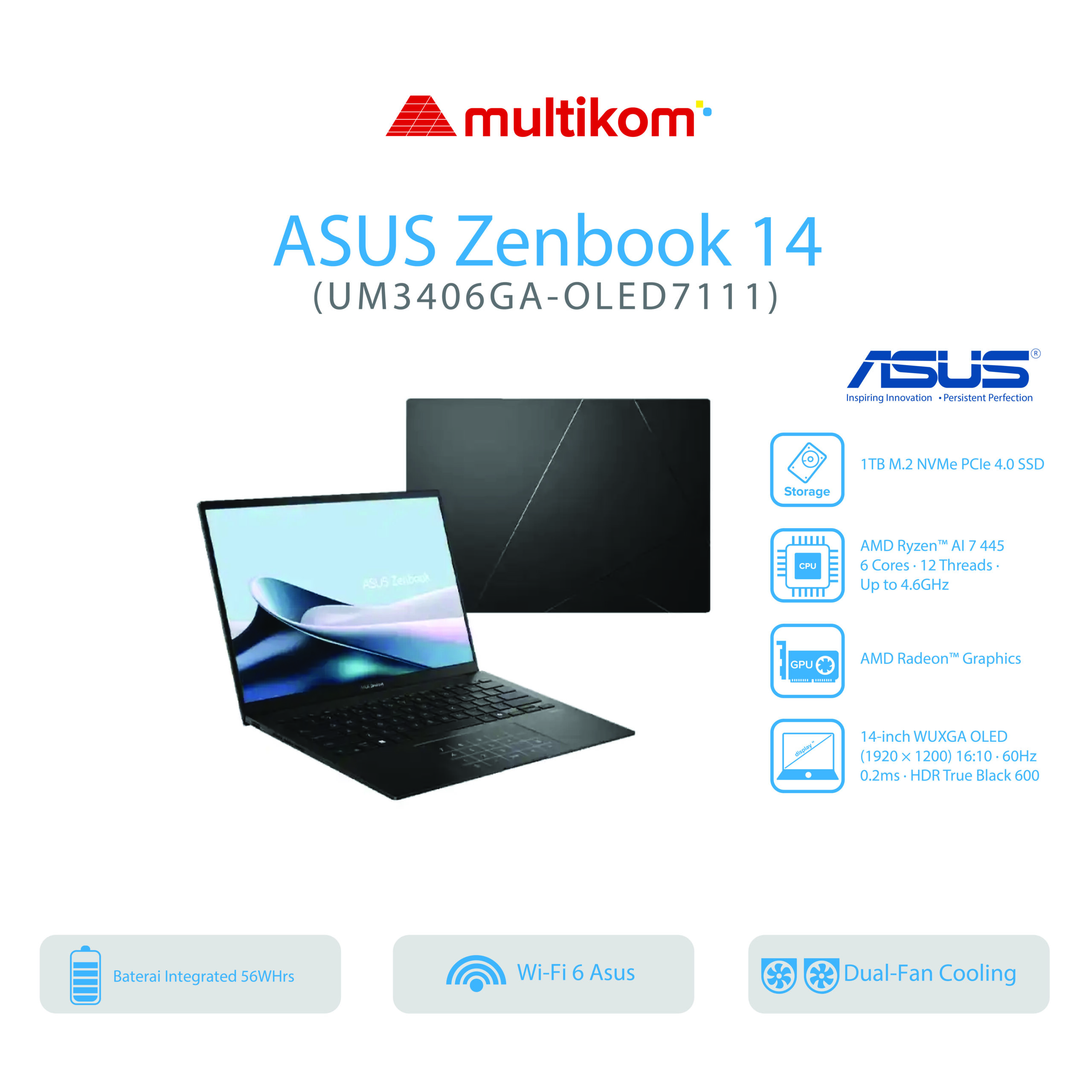ASUS ZENBOOK UM3406GA-OLED7111 AMD Ryzen 7-445 16GB SSD 1TB 14"OLED W11+OH2024+M365