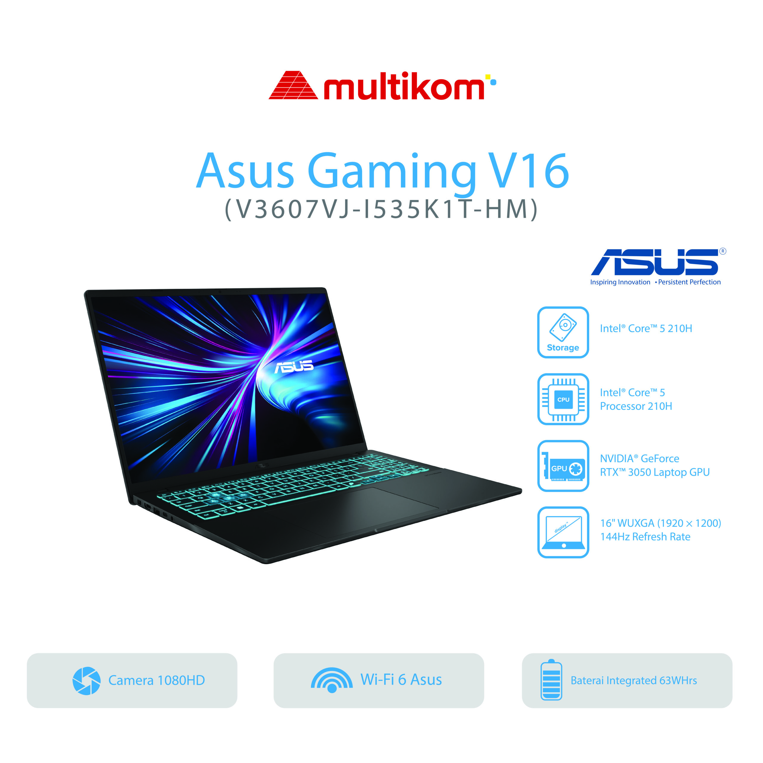 ASUS GAMING V16 V3607VJ-I535K1T-HM Intel Core 5 210H 16GB SSD 512GB RTX3050-8GB W11+OH2024+M365
