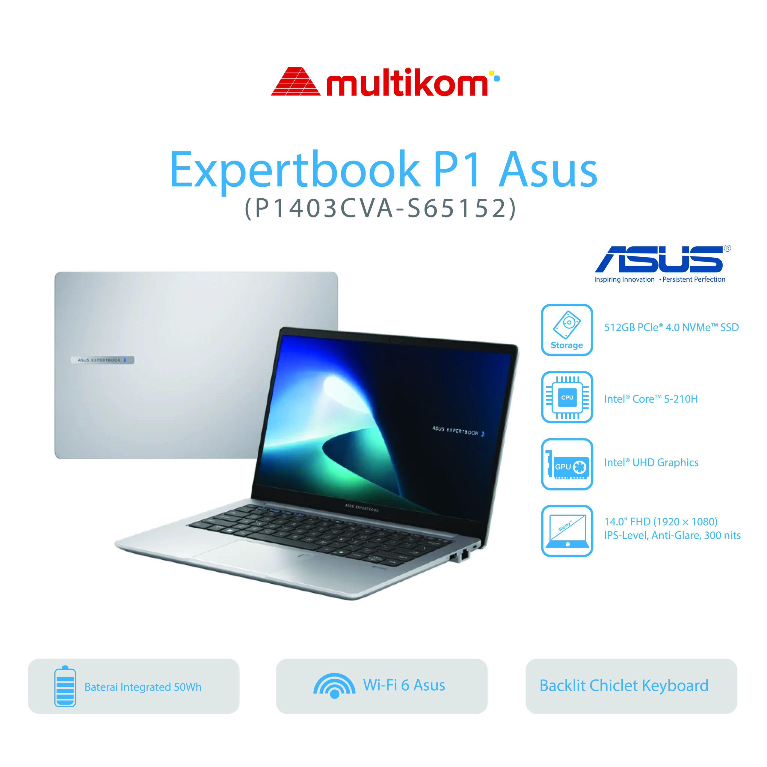 ASUS EXPERTBOOK P1 P1403CVA-S65152 Intel Core 5- 210H 16GB SSD 512GB 14"VIPS FP W11+OHS2024+M365